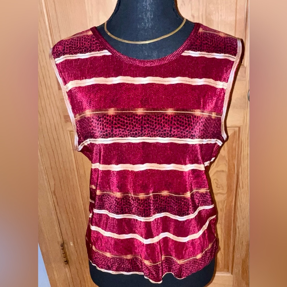 Tess Striped Slinky Knit Tank Top XL Burgundy Textured Shiny VTG 90s Whimsigoth